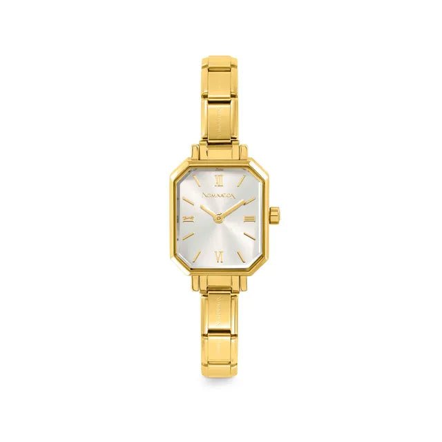 Gold PVD Nomination Time octagon watch with sunray silver dial on Composable strap, front view.