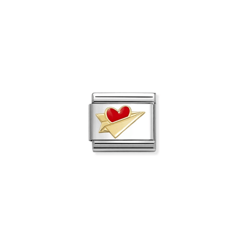 Nomination Paper Aeroplane Classic Composable Link featuring a golden folded paper plane carrying a glossy red enamel heart on stainless steel.