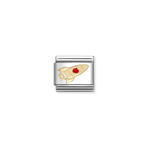 Nomination Gold Rocket Classic Composable Link featuring a raised yellow-gold spacecraft with a glossy red enamel heart on polished stainless steel.