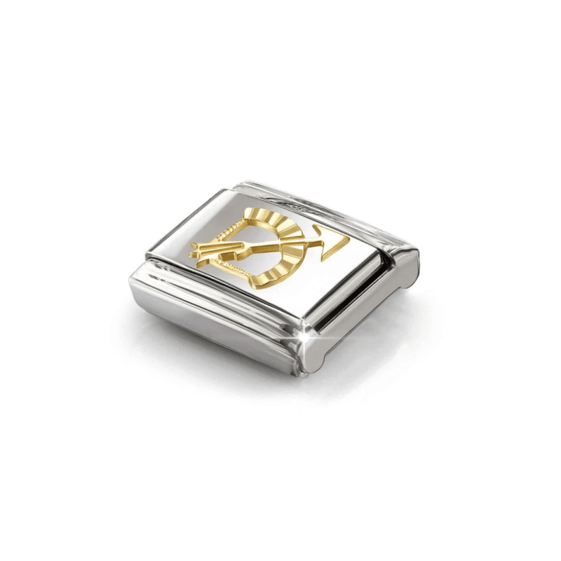 Angled view of Nomination Sagittarius Classic Link in stainless steel and yellow gold