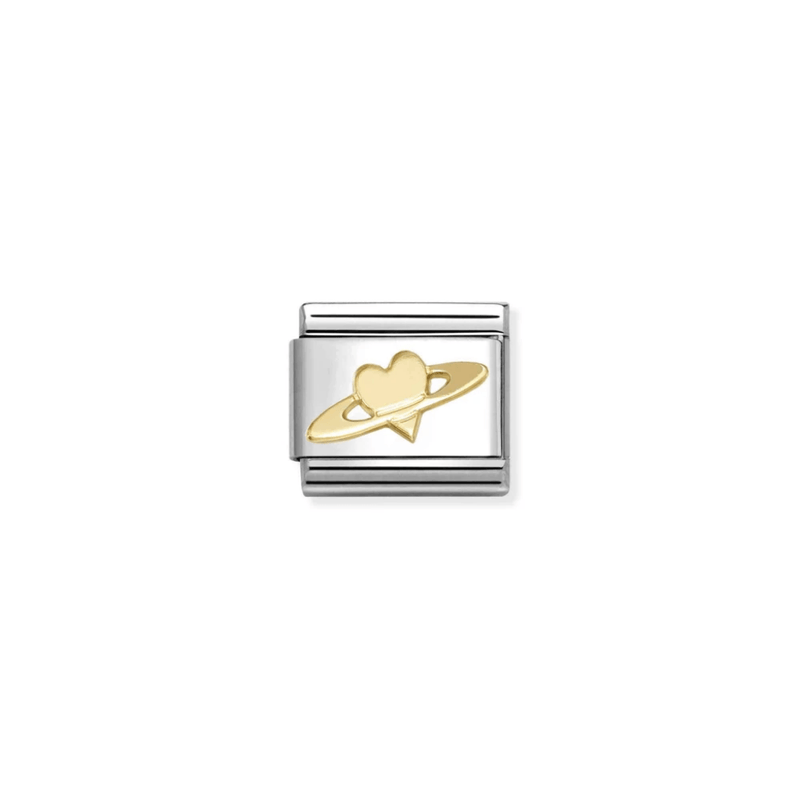 Nomination Gold Saturn Heart Classic Composable Link featuring a raised 18ct yellow-gold heart encircled by planetary rings on stainless steel.
