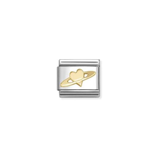 Nomination Gold Saturn Heart Classic Composable Link featuring a raised 18ct yellow-gold heart encircled by planetary rings on stainless steel.