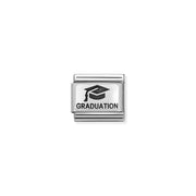 Nomination Graduation charm with black-engraved cap and wording on a sterling-silver plaque, stainless-steel Classic Link for Composable bracelets.