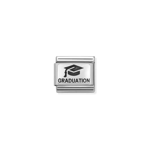 Nomination Graduation charm with black-engraved cap and wording on a sterling-silver plaque, stainless-steel Classic Link for Composable bracelets.