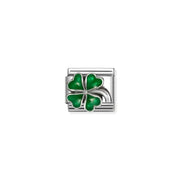 Nomination Classic Link charm with raised green enamel four-leaf clover on stainless steel with oxidised silver detail, for a Nomination Bracelet