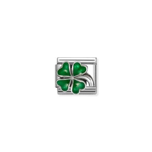 Nomination Classic Link charm with raised green enamel four-leaf clover on stainless steel with oxidised silver detail, for a Nomination Bracelet