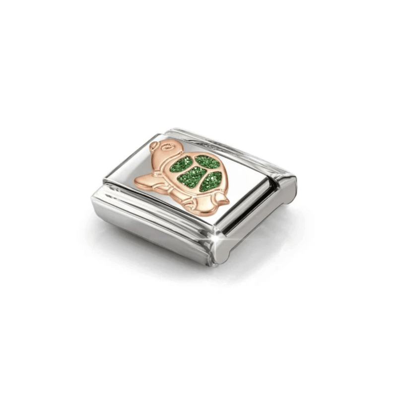 Nomination rose gold Turtle Classic Link with green glitter-enamel shell, angled view