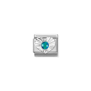 Close-up of Nomination Green Opal Heart Classic Link in stainless steel with sterling silver sunburst heart and 3mm green opal cabochon