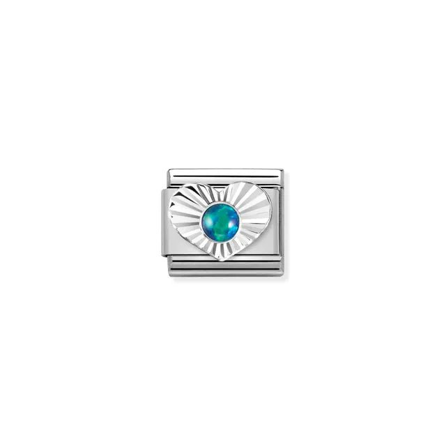 Close-up of Nomination Green Opal Heart Classic Link in stainless steel with sterling silver sunburst heart and 3mm green opal cabochon