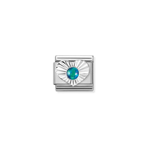 Close-up of Nomination Green Opal Heart Classic Link in stainless steel with sterling silver sunburst heart and 3mm green opal cabochon