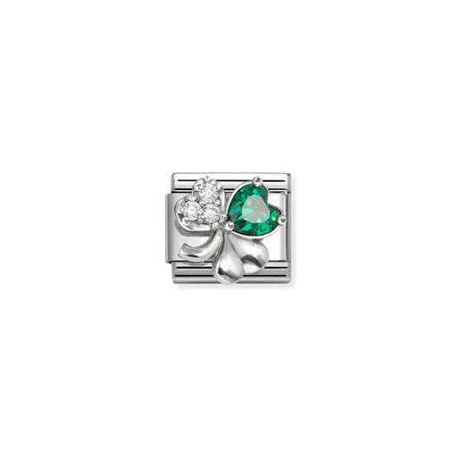Nomination Classic Link charm with clover featuring green and white cubic zirconia in sterling silver on stainless steel, for a Nomination Bracelet