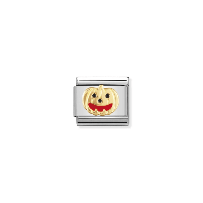 Nomination Halloween Pumpkin Classic Composable Link featuring a gold jack-o'-lantern with black eyes and red enamel smile on stainless steel.