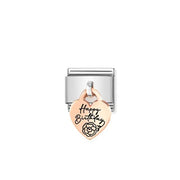 Nomination Classic Link charm with rose-gold heart pendant engraved Happy Birthday with floral detail on a stainless steel base, for a Nomination Bracelet