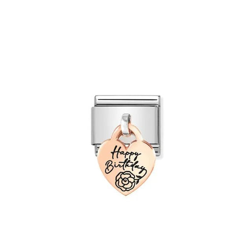 Nomination Classic Link charm with rose-gold heart pendant engraved Happy Birthday with floral detail on a stainless steel base, for a Nomination Bracelet