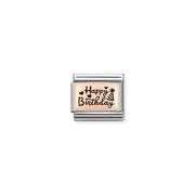 Happy Birthday Nomination Classic Link in bonded rose gold with black enamel, close-up