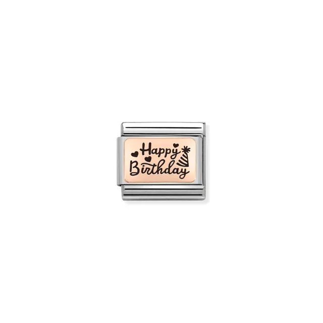 Happy Birthday Nomination Classic Link in bonded rose gold with black enamel, close-up