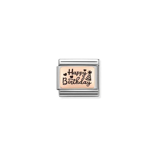 Happy Birthday Nomination Classic Link in bonded rose gold with black enamel, close-up