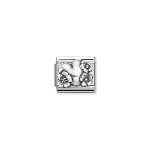 Nomination Classic link charm with heart and small flowers in sterling silver on stainless steel