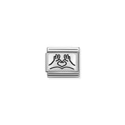 Nomination Heart Hands charm with sterling-silver motif and black detailing on a stainless-steel Classic Link for Composable bracelets.