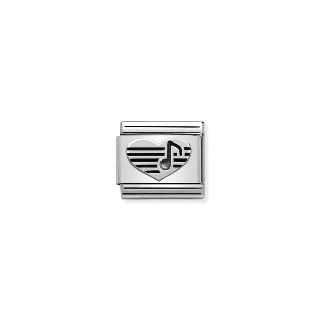 Nomination Classic link charm with heart and musical note in silver on stainless steel