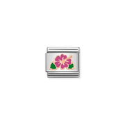 Close-up of Nomination Hibiscus Classic Link in stainless steel with bonded rose gold outline, fuchsia enamel flower and green leaves