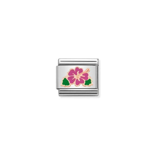 Close-up of Nomination Hibiscus Classic Link in stainless steel with bonded rose gold outline, fuchsia enamel flower and green leaves