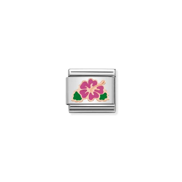 Close-up of Nomination Hibiscus Classic Link in stainless steel with bonded rose gold outline, fuchsia enamel flower and green leaves