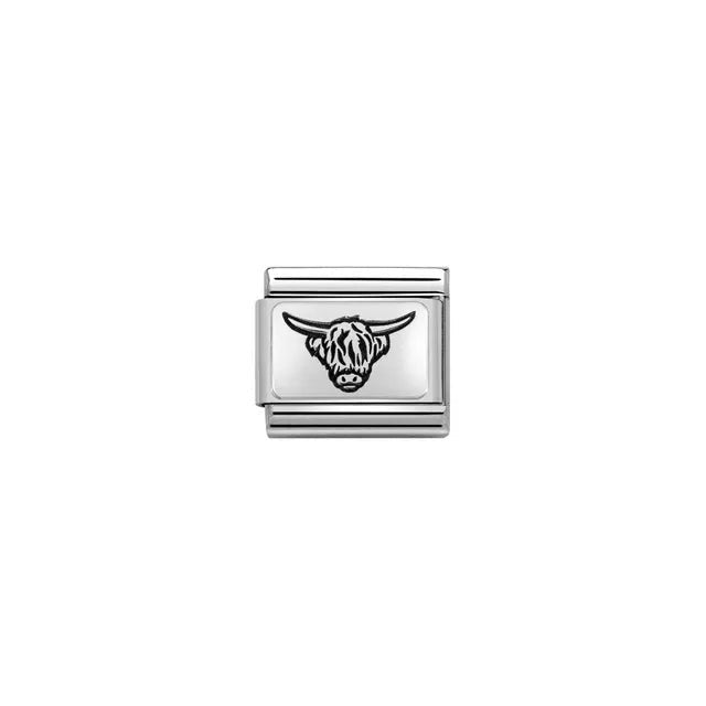 Close-up of Nomination Classic Link with engraved Highland Cow in sterling silver on stainless-steel base for Composable bracelets.