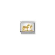 Nomination Horse with Rider Classic Composable Link in stainless steel with bonded 18k yellow gold showing a horse standing beside its rider.