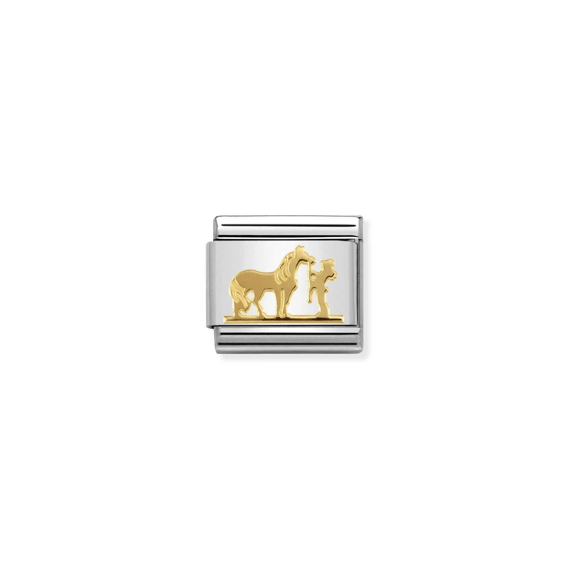 Nomination Horse with Rider Classic Composable Link in stainless steel with bonded 18k yellow gold showing a horse standing beside its rider.
