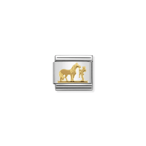 Nomination Horse with Rider Classic Composable Link in stainless steel with bonded 18k yellow gold showing a horse standing beside its rider.