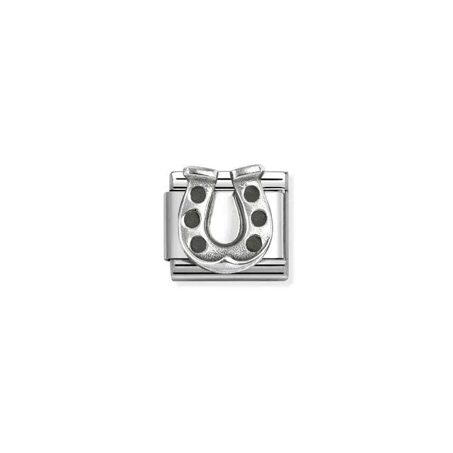 Nomination Classic Link charm with raised silver horseshoe, oxidised vintage effect on stainless steel, for a Nomination Bracelet