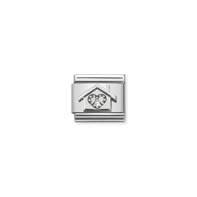 Nomination House with heart Classic Link charm in stainless steel and oxidised sterling silver with white cubic zirconia