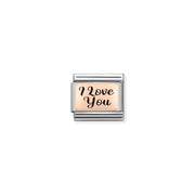 I Love You Nomination Classic Link in bonded rose gold with black enamel, close-up