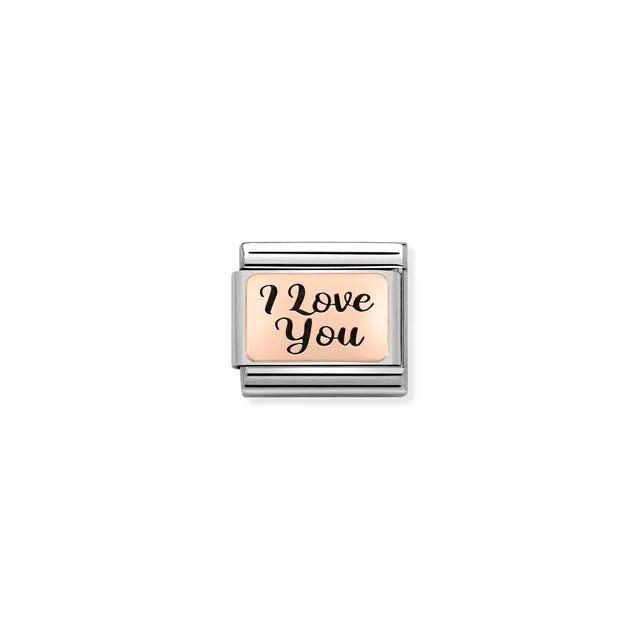 I Love You Nomination Classic Link in bonded rose gold with black enamel, close-up
