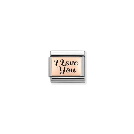 I Love You Nomination Classic Link in bonded rose gold with black enamel, close-up