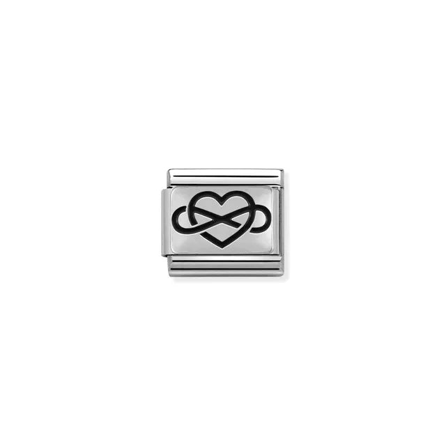 Nomination Infinity Heart Love Classic Link charm in stainless steel and sterling silver with black enamel