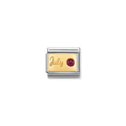 Nomination July ruby birthstone Link, yellow-gold plaque on stainless steel, Classic size, close-up on white.