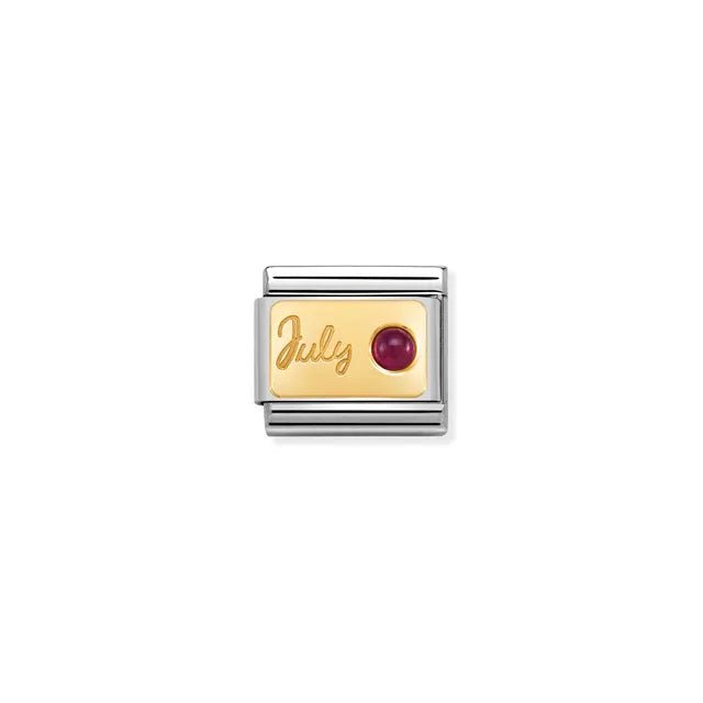 Nomination July ruby birthstone Link, yellow-gold plaque on stainless steel, Classic size, close-up on white.