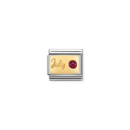 Nomination July ruby birthstone Link, yellow-gold plaque on stainless steel, Classic size, close-up on white.