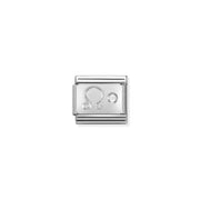 Close-up of Nomination Classic Link Leo zodiac charm in stainless steel with a sterling-silver symbol and white cubic zirconia, for Composable Classic bracelets.