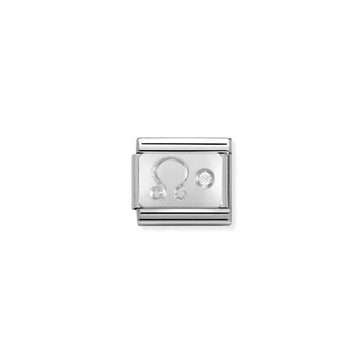 Close-up of Nomination Classic Link Leo zodiac charm in stainless steel with a sterling-silver symbol and white cubic zirconia, for Composable Classic bracelets.