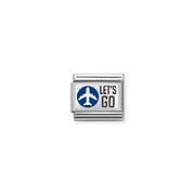 Nomination Classic link charm with blue enamel airplane and LETS GO text in silver