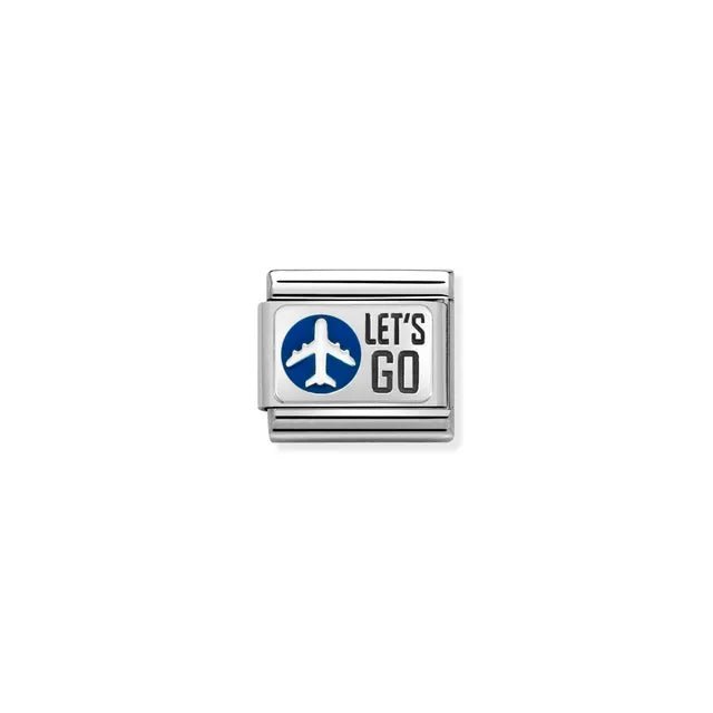 Nomination Classic link charm with blue enamel airplane and LETS GO text in silver