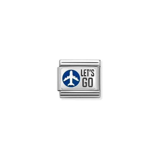 Nomination Classic link charm with blue enamel airplane and LETS GO text in silver