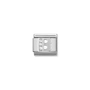 Close-up of Nomination Classic Link Letter B charm in stainless steel with a sterling-silver initial and white cubic zirconia for Composable Classic bracelets.