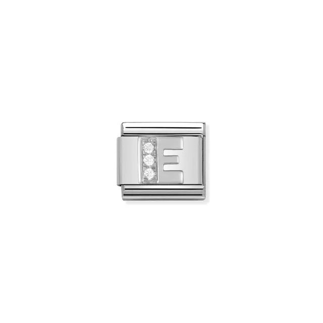 Close-up of Nomination Classic Link Letter E charm in stainless steel with a sterling-silver initial and white cubic zirconia for Composable Classic bracelets.