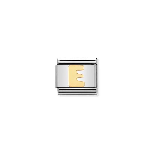 Nomination Letter E Classic Link charm in stainless steel with bonded yellow gold