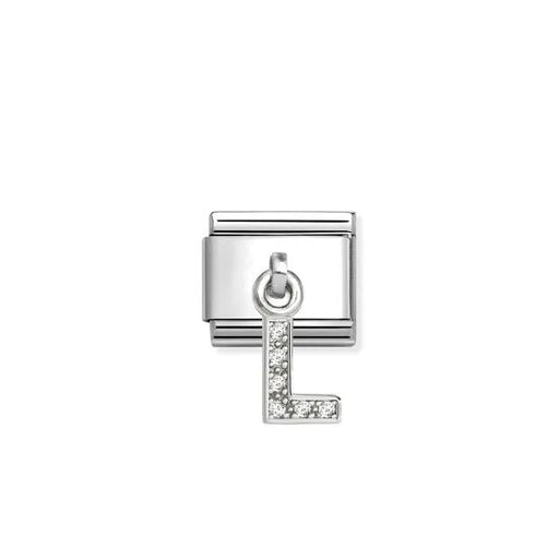 Close-up of Nomination Letter L Classic Link with white CZ initial pendant in stainless steel