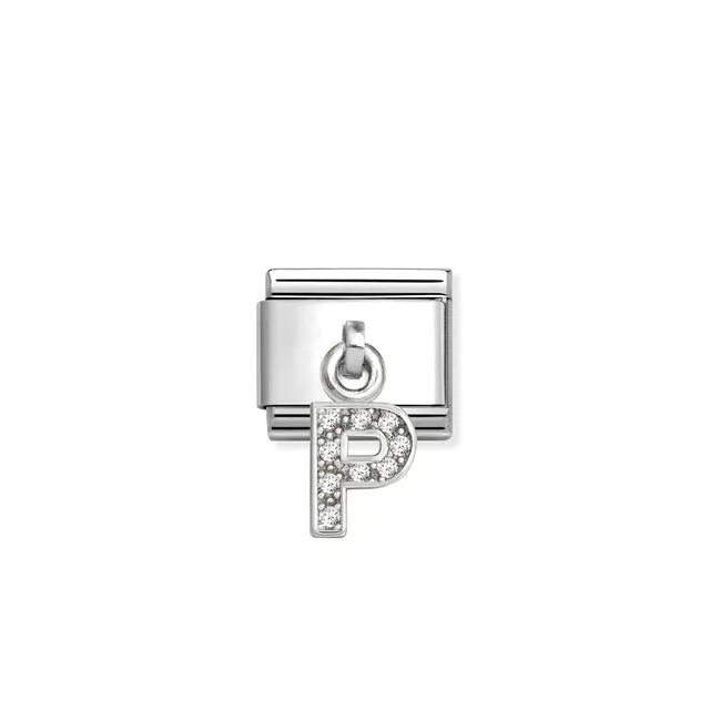 Close-up of Nomination Letter P Classic Link with white CZ pendant in stainless steel